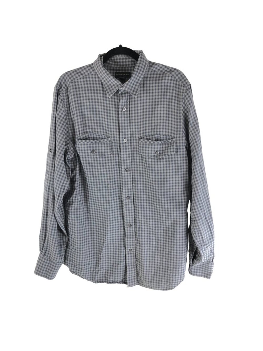 Banana Republic Mens Shirt Gingham Plaid Pockets Button Down Gray Size L